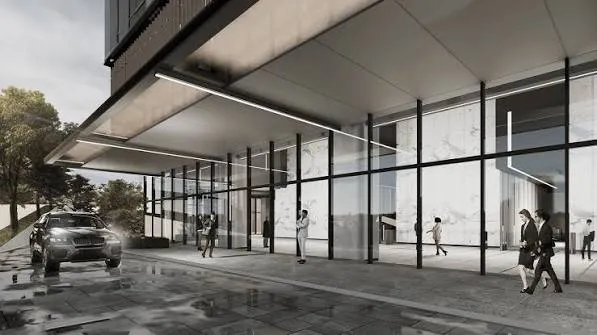 Fasad The Arumaya Office di Jakarta dengan bidang Aluminium Composite Panel.