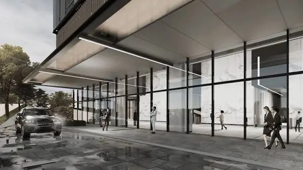Fasad The Arumaya Office di Jakarta dengan bidang Aluminium Composite Panel.