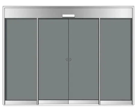 Ilustrasi pintu kaca otomatis dengan dua panel geser dan bingkai logam.