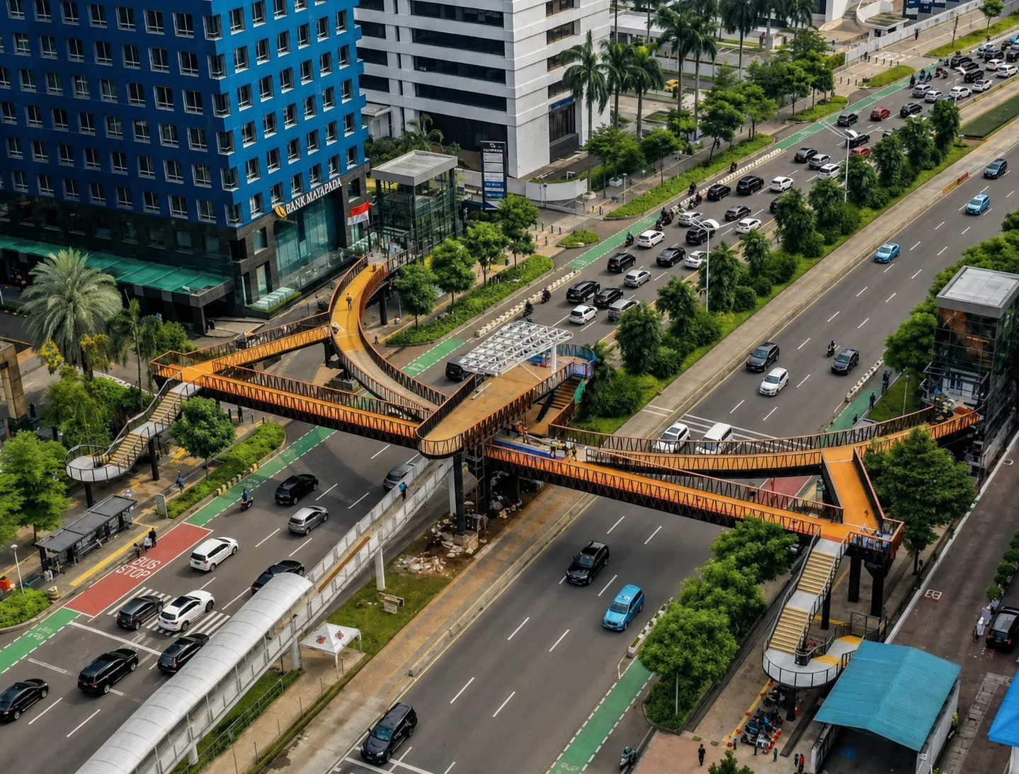 Tampak JPO Karet Sudirman di Jakarta dari sudut atas dengan elemen kaca dan panel pada struktur jembatan.