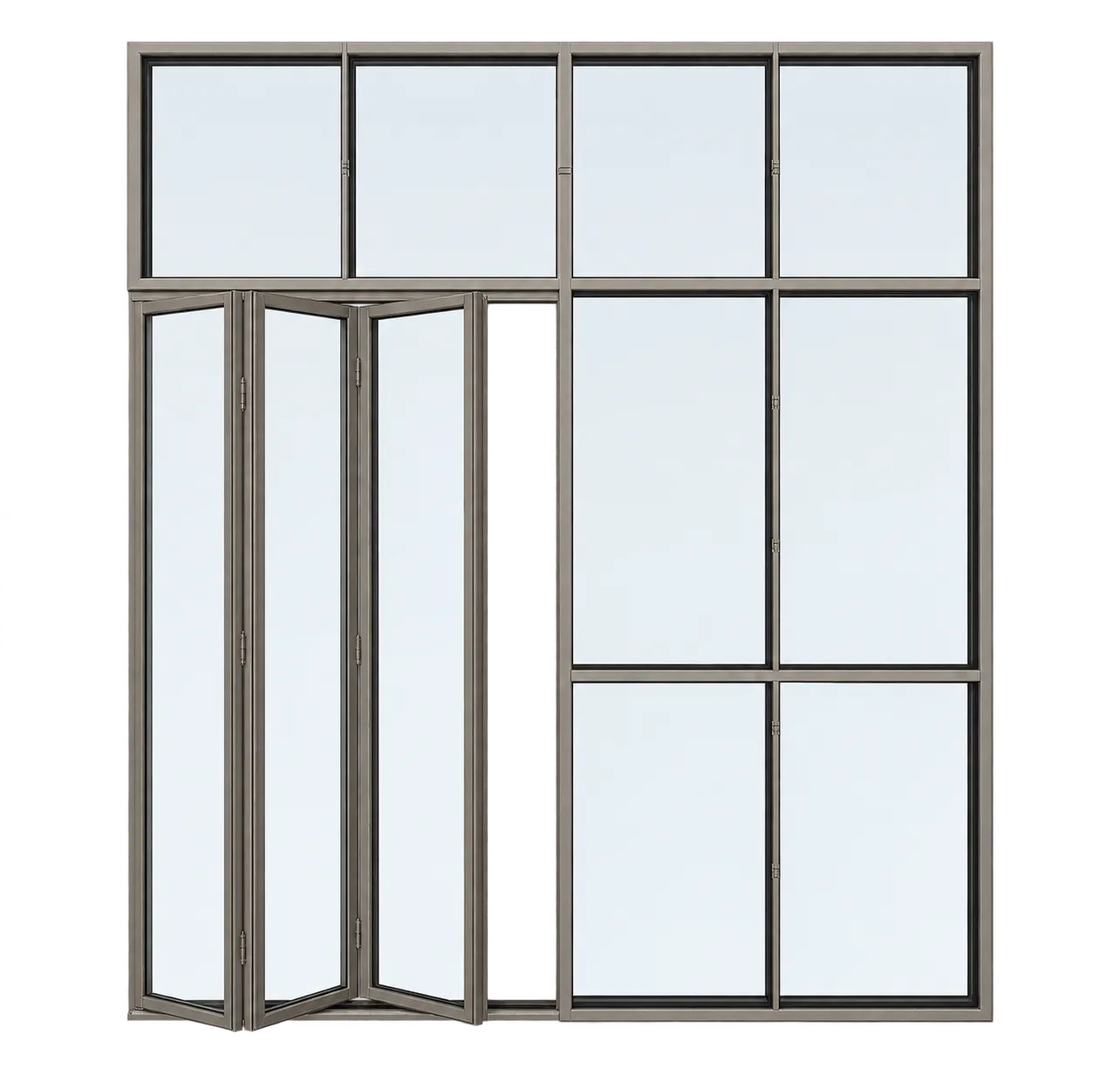 Sistem pintu dan jendela aluminium dengan panel kaca pada bukaan bangunan.