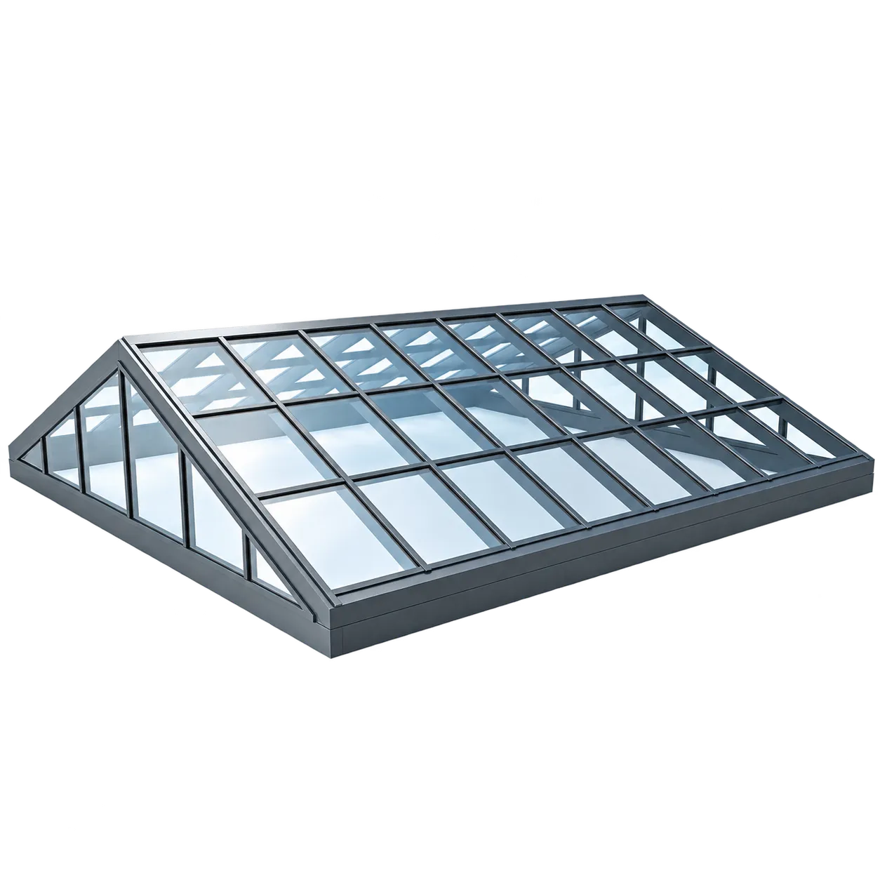 Sistem skylight kaca dengan rangka aluminium pada atap bangunan.